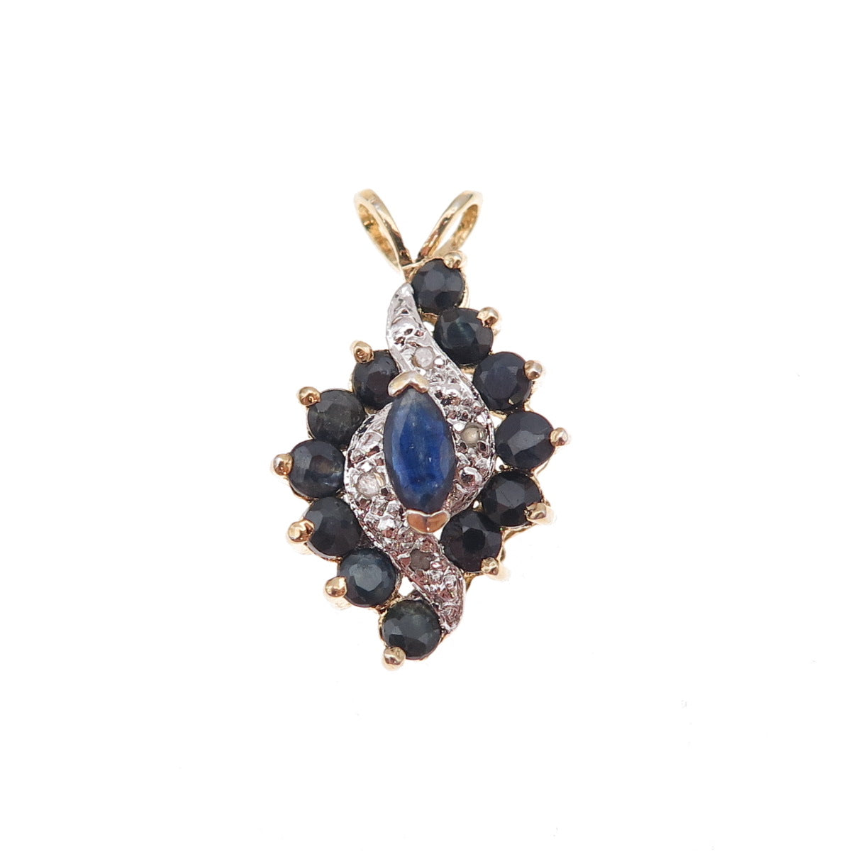 925 Sterling Silver 2-Tone Vintage Real Diamond & Sapphire Charm Pendant
