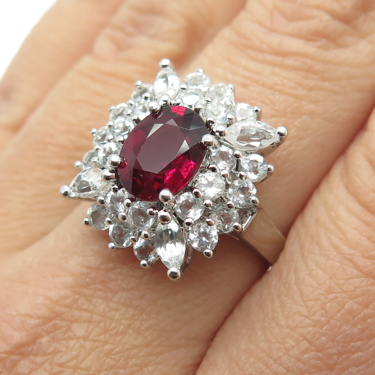 925 Sterling Silver Real Oval-Cut Tourmaline & White Topaz Ring Size 8.75