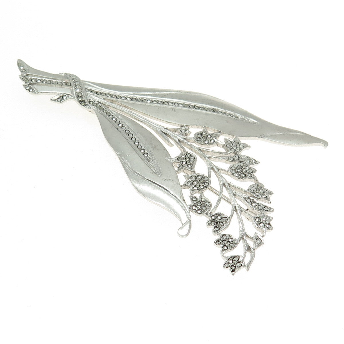 925 Sterling Silver Antique Art Deco PRK Real Marcasite Flower Pin Brooch