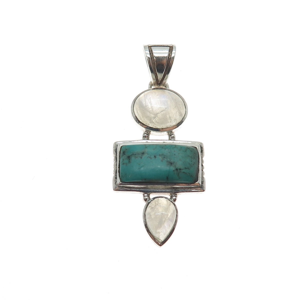 925 Sterling Silver Vintage Real Turquoise & Moonstone Modernist Charm Pendant