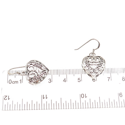 925 Sterling Silver Vintage Floral Heart Oxidized Dangle Earrings