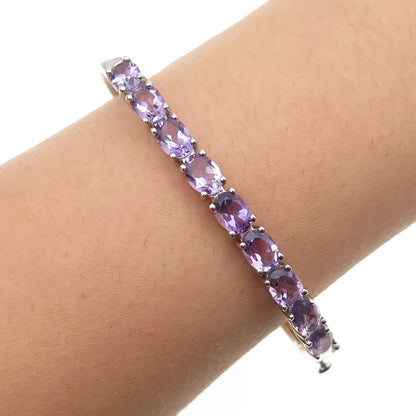 925 Sterling Silver Real Oval-Cut Amethyst Bangle Bracelet 6.75"