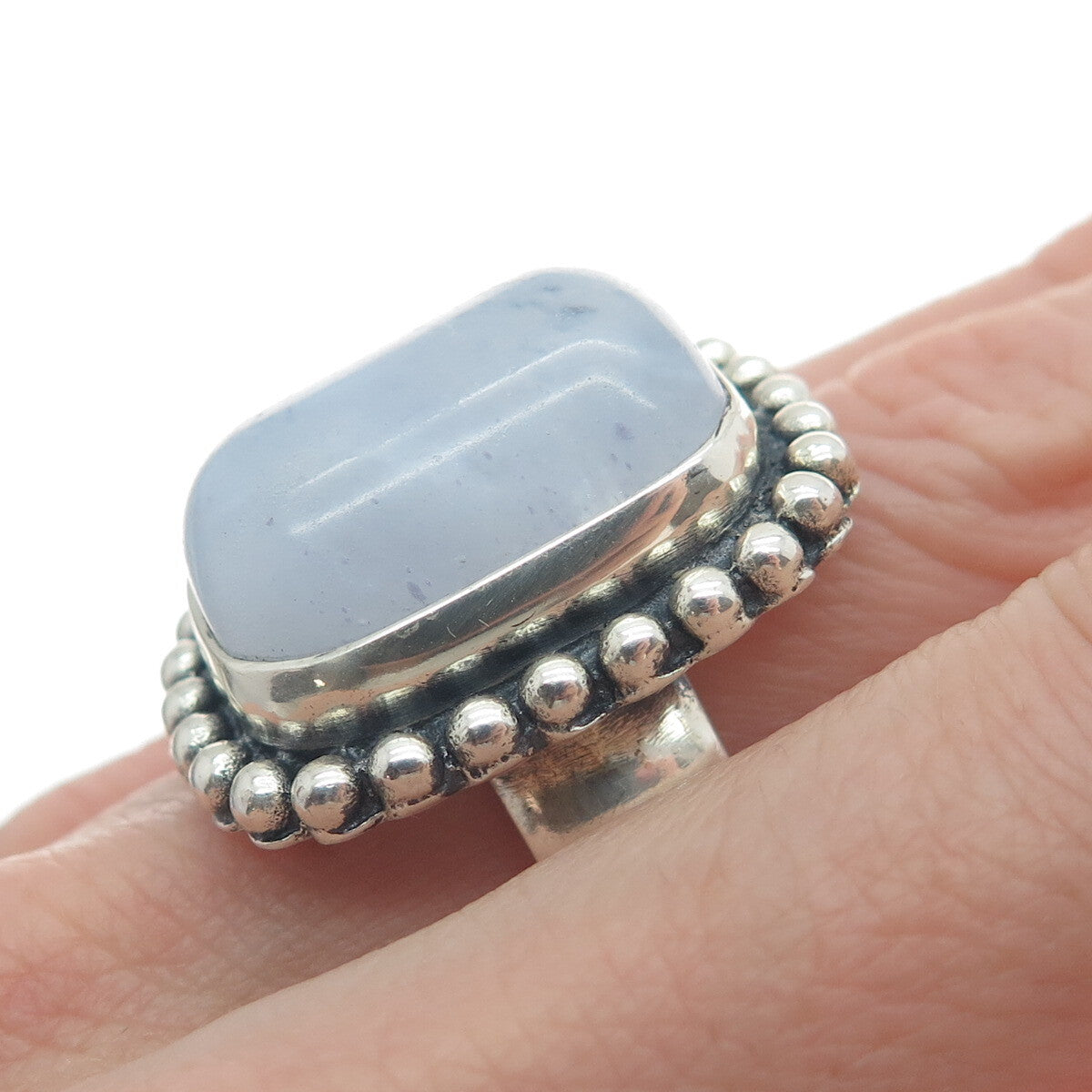 925 Sterling Silver Vintage Real Quartz Beaded Oxidized Ring Size 8.5