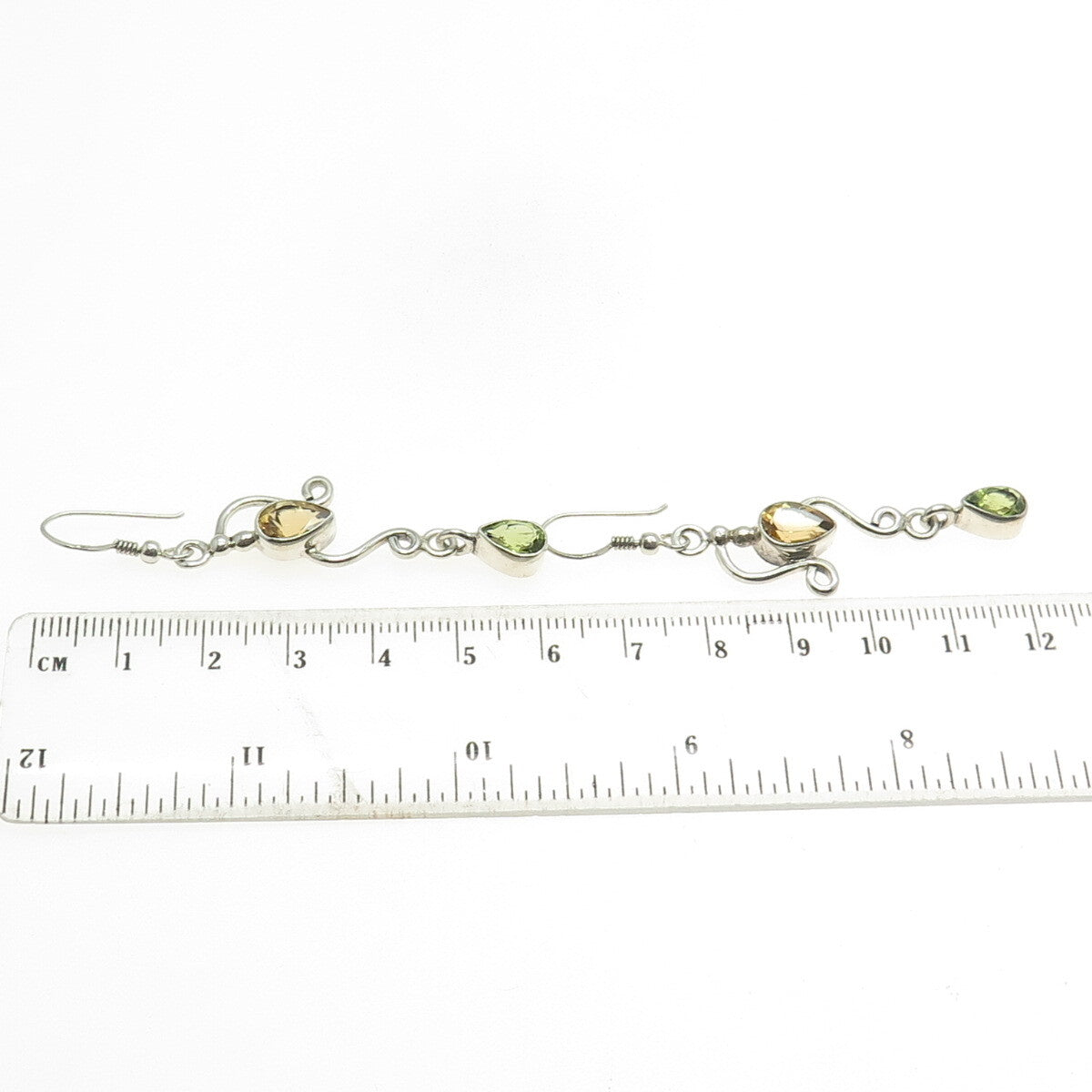SAJEN 925 Sterling Silver Vintage Citrine & Peridot Gem Ornate Dangle Earrings