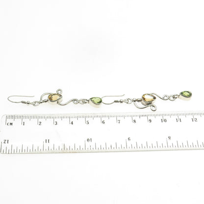 SAJEN 925 Sterling Silver Vintage Citrine & Peridot Gem Ornate Dangle Earrings