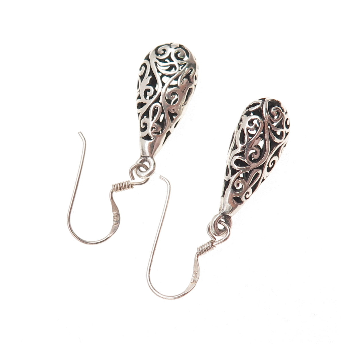 925 Sterling Silver Vintage Floral Scroll Teardrop Oxidized Dangle Earrings