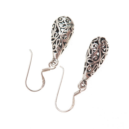 925 Sterling Silver Vintage Floral Scroll Teardrop Oxidized Dangle Earrings