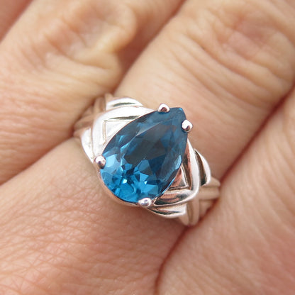 925 Sterling Silver Vintage Real Swiss Blue Topaz Teardrop Ring Size 7