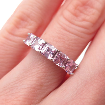 925 Sterling Silver Asscher-Cut Pink C Z Half Eternity Band Ring Size 5