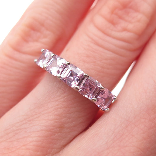 925 Sterling Silver Asscher-Cut Pink C Z Half Eternity Band Ring Size 5