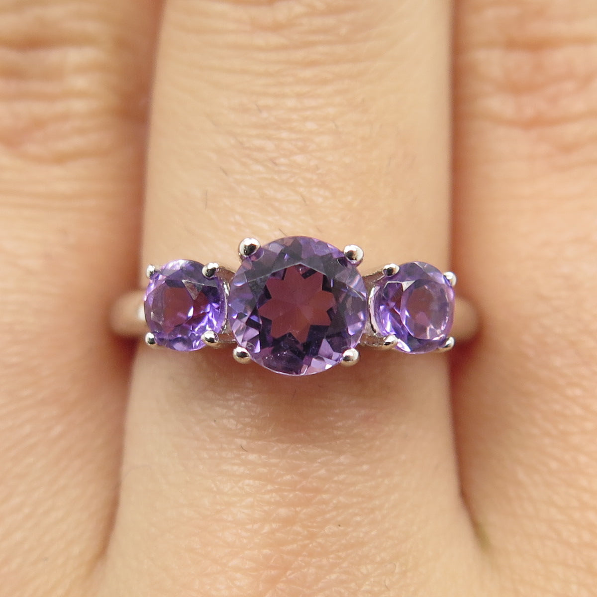 925 Sterling Silver Real Round-Cut Amethyst Ring Size 5.5