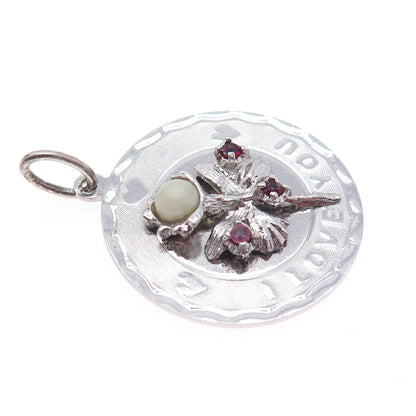 925 Sterling Silver Vintage Faux Pearl Real Ruby & Red Garnet I Love You Pendant
