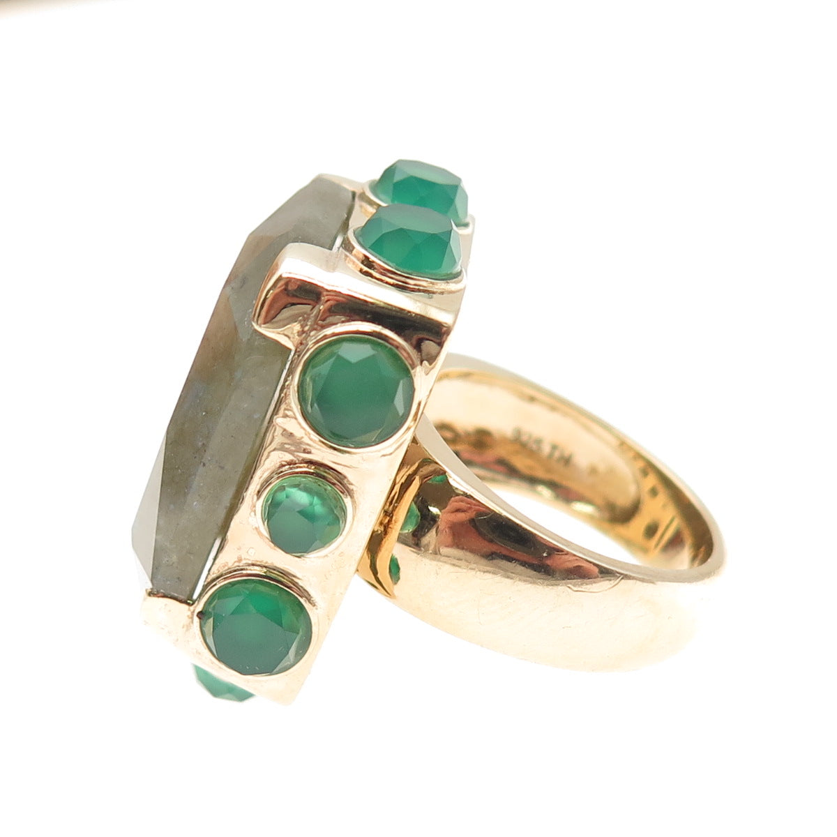 925 Sterling Silver Gold Plated Real Labradorite Green Chalcedony Ring Size 7.5