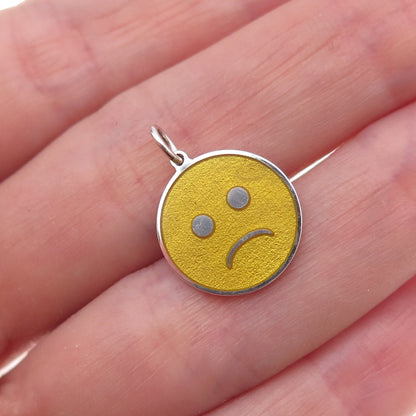 925 Sterling Silver Yellow Enamel Sad Face Emoji Charm Pendant