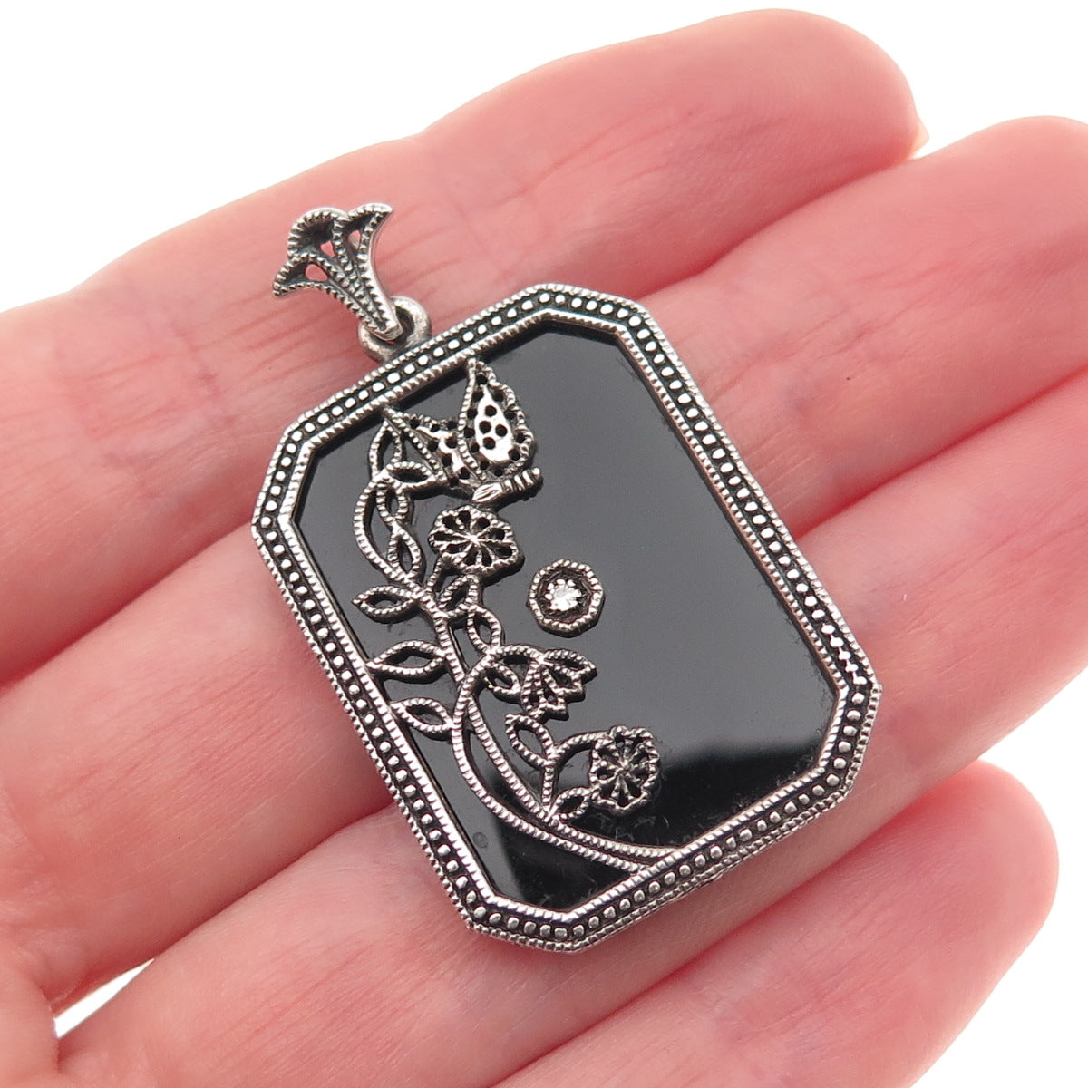 925 Sterling Silver Vintage Real Diamond & Black Onyx Floral Oxidized Pendant