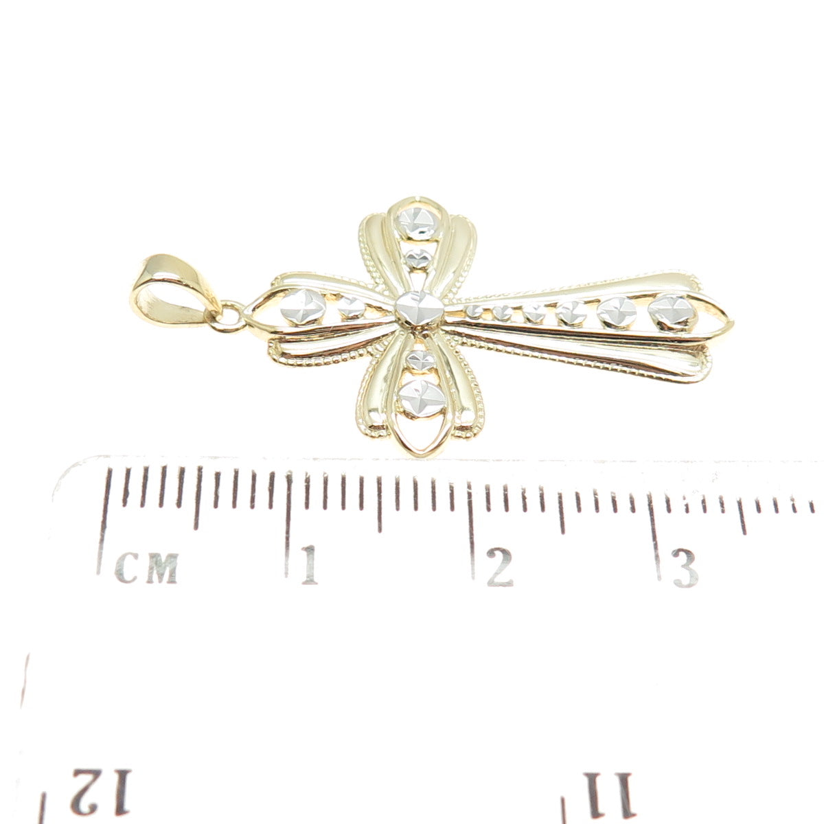 14K Yellow & White Gold Diamond-Cut Floral Cross Religious Charm Pendant