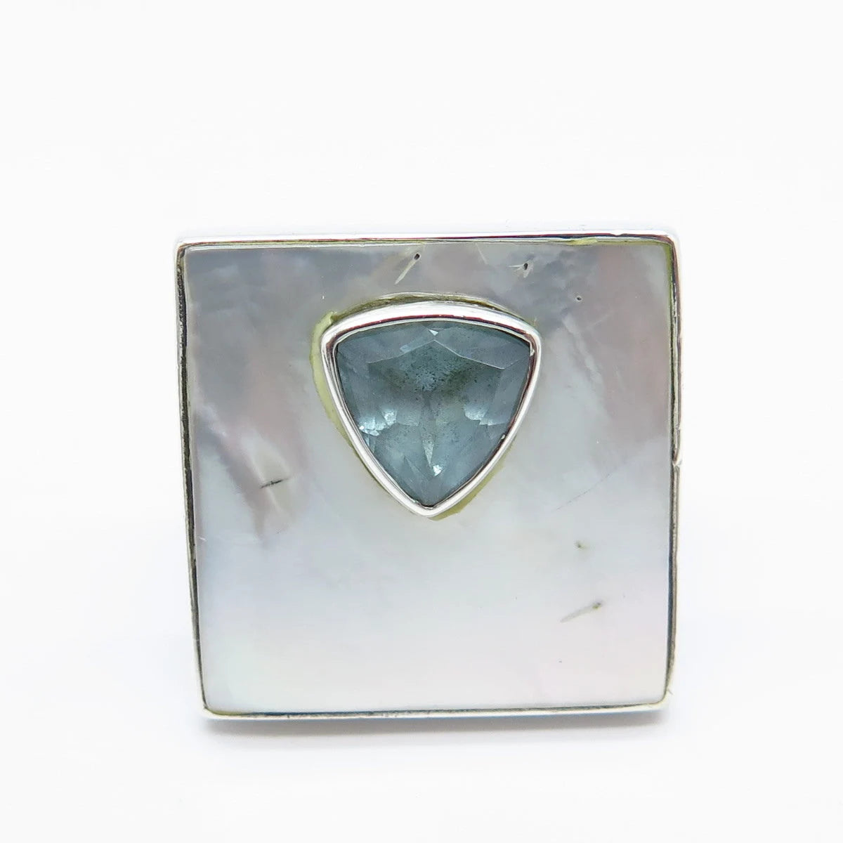 925 Sterling Silver Vintage Real Mother-of-Pearl & Aquamarine Gem Ring Size 5.5