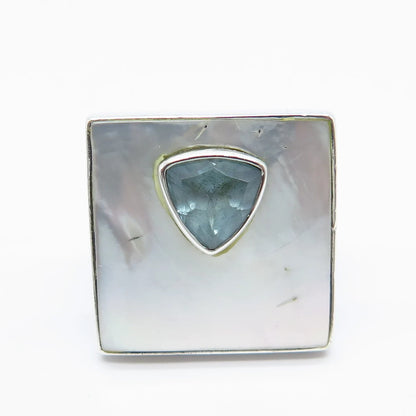 925 Sterling Silver Vintage Real Mother-of-Pearl & Aquamarine Gem Ring Size 5.5