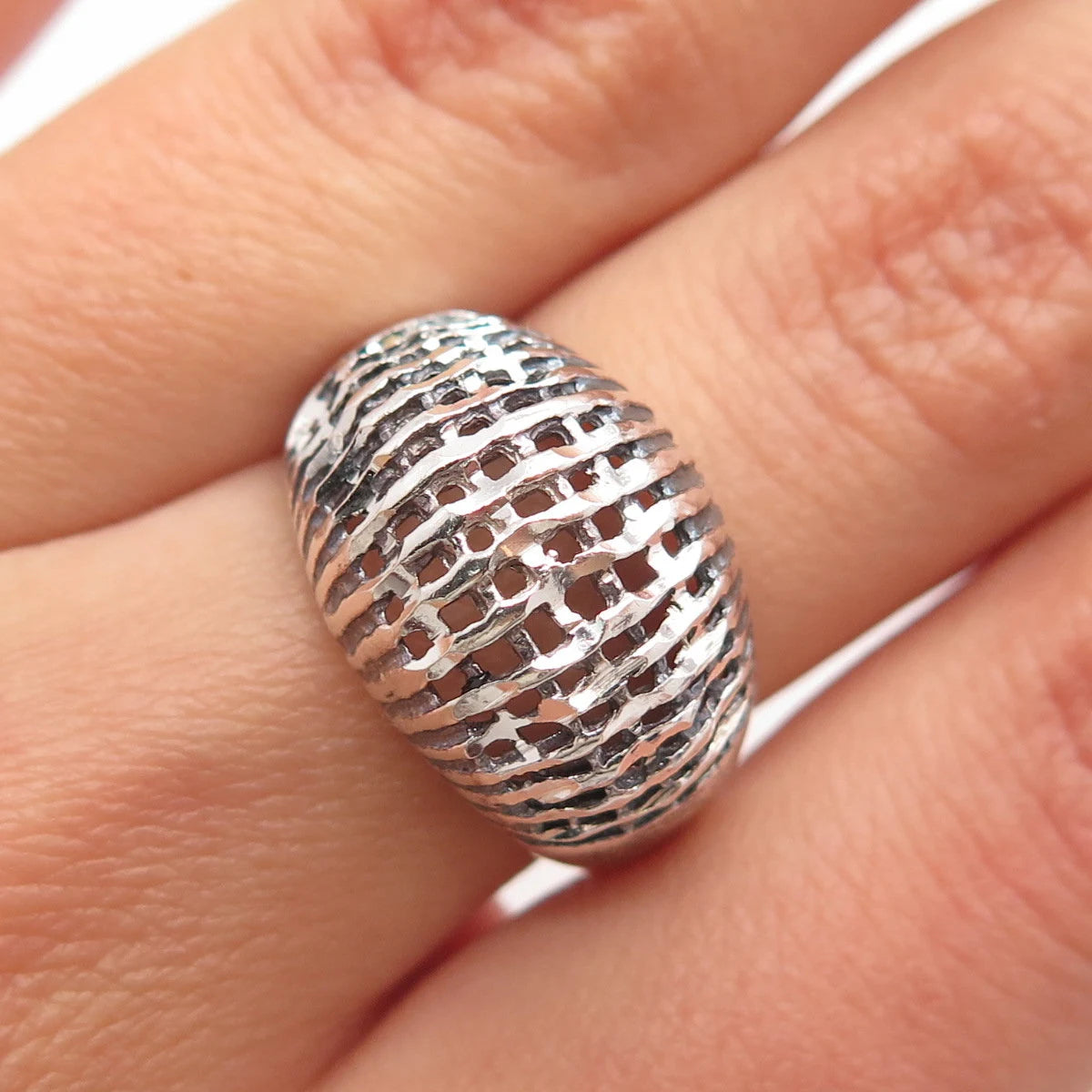 925 Sterling Silver Vintage Cage Domed Ring Size 6