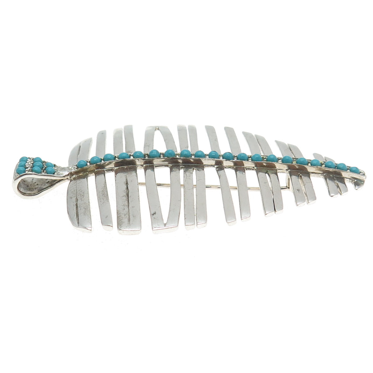 925 Sterling Silver Real Turquoise Gemstone Leaf Pendant / Pin Brooch