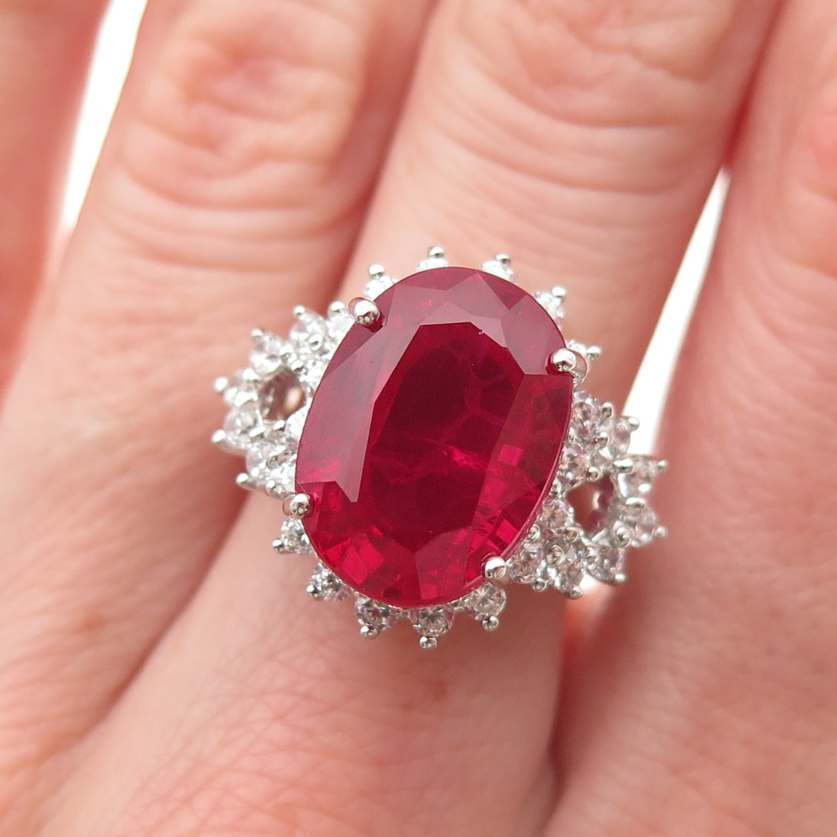 925 Sterling Silver Lab-Created Ruby & C Z Ring Size 6.75