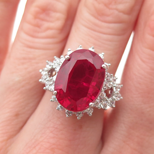 925 Sterling Silver Lab-Created Ruby & C Z Ring Size 6.75