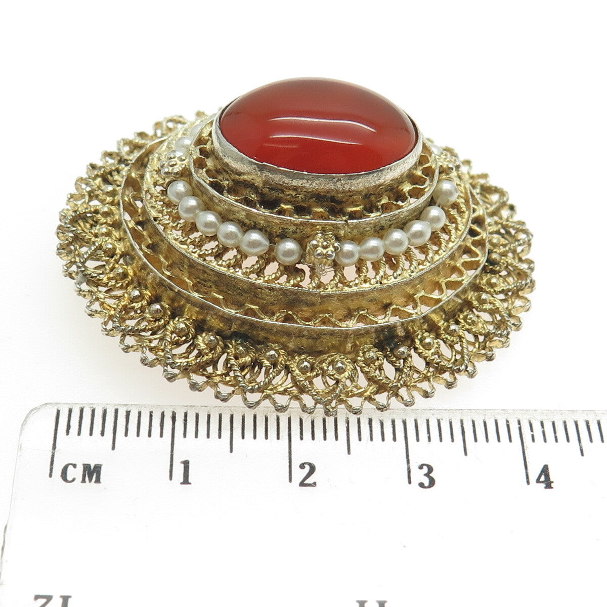 925 Sterling Silver Gold Plated Vintage Israel Carnelian Gem Faux Pearl Pendant