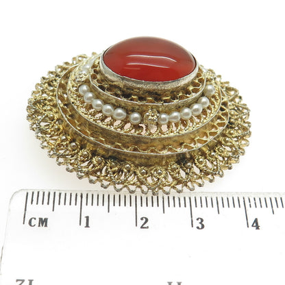 925 Sterling Silver Gold Plated Vintage Israel Carnelian Gem Faux Pearl Pendant