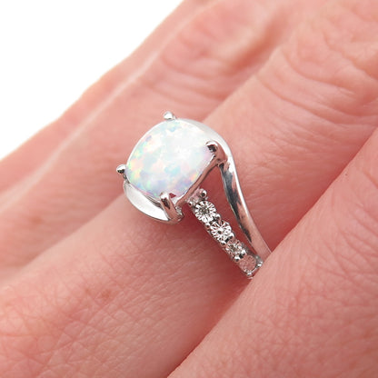 925 Sterling Silver Real Round-Cut Diamond & Cushion-Cut Opal Ring Size 7.25