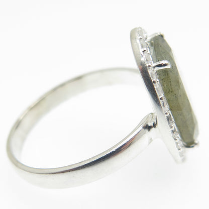 FRANK AHM 925 Sterling Silver Real Oval-Cut Labradorite & C Z Ring Size 7.25