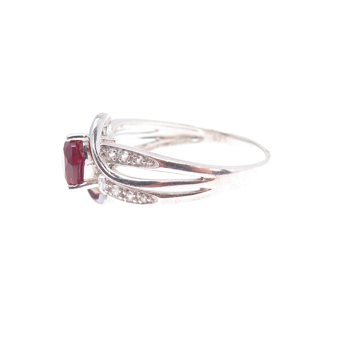 925 Sterling Silver Real White Topaz & Lab-Created Ruby Heart Ring Size 9