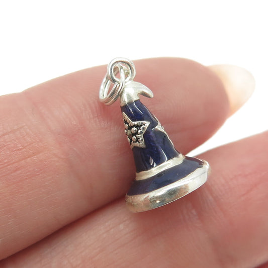 925 Sterling Silver Vintage Marcasite Gem & Blue Enamel Stargazer's Hat Pendant
