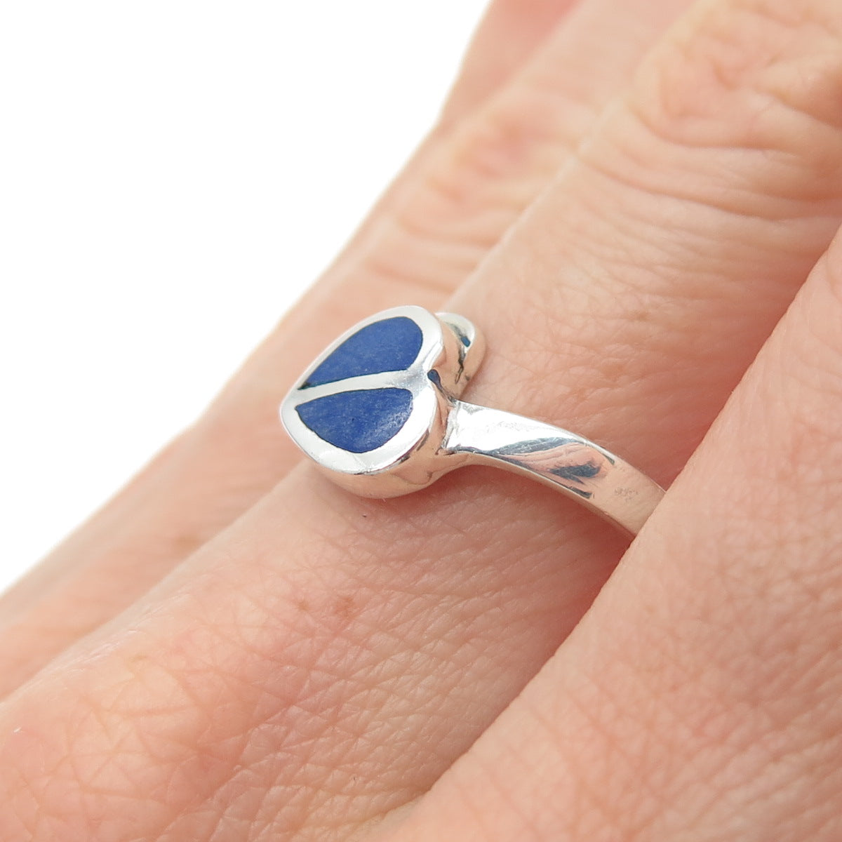 925 Sterling Silver Vintage Real Lapis Modernist Heart Ring Size 7