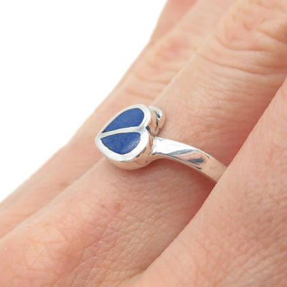 925 Sterling Silver Vintage Real Lapis Modernist Heart Ring Size 7