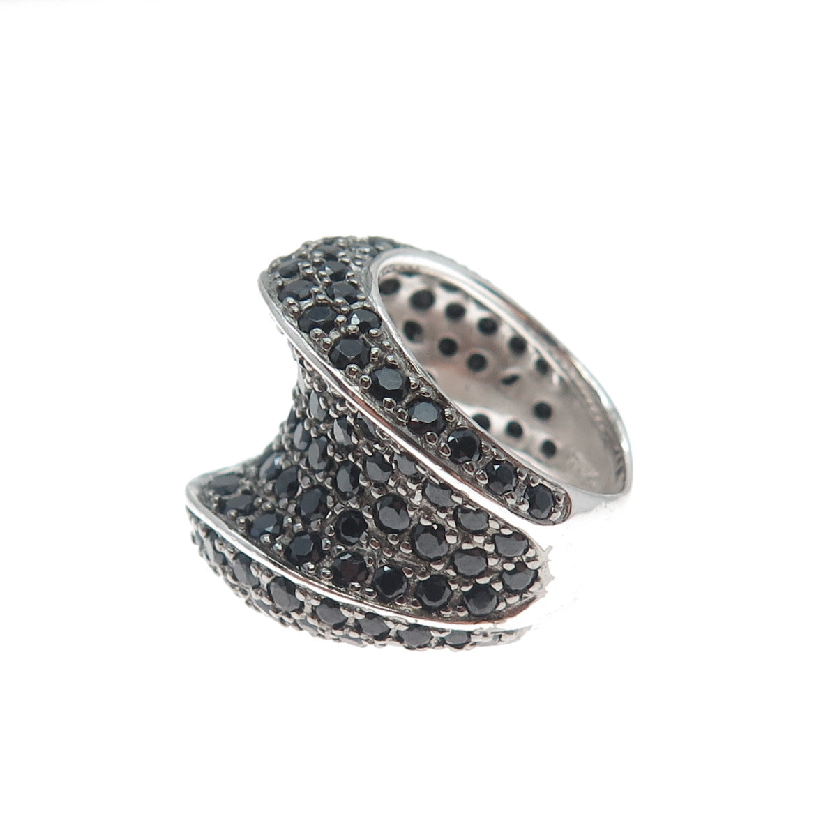 925 Sterling Silver Real Round-Cut Black Spinel Modernist Wavy Ring Size 5.25