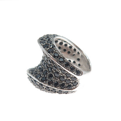 925 Sterling Silver Real Round-Cut Black Spinel Modernist Wavy Ring Size 5.25