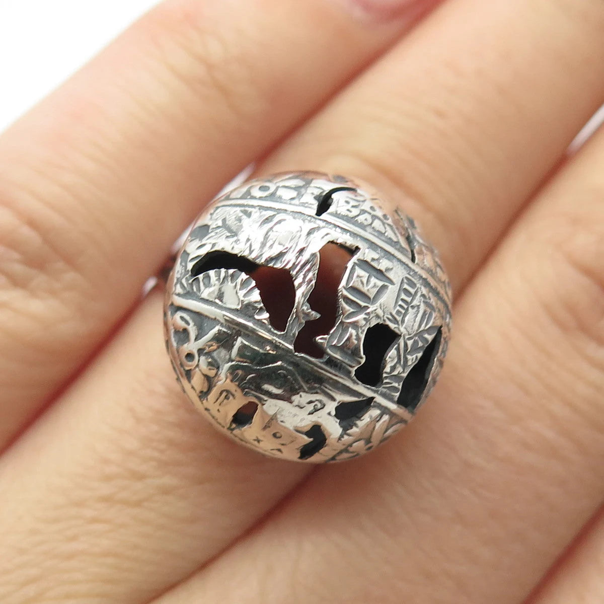 925 Sterling Silver Vintage Tribal Bead Adjustable Ring Size 7.25