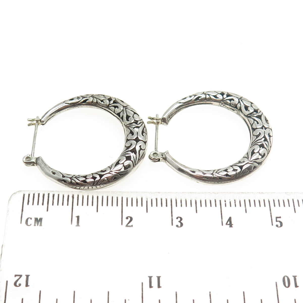 925 Sterling Silver Vintage Ornate Hinged Hoop Earrings