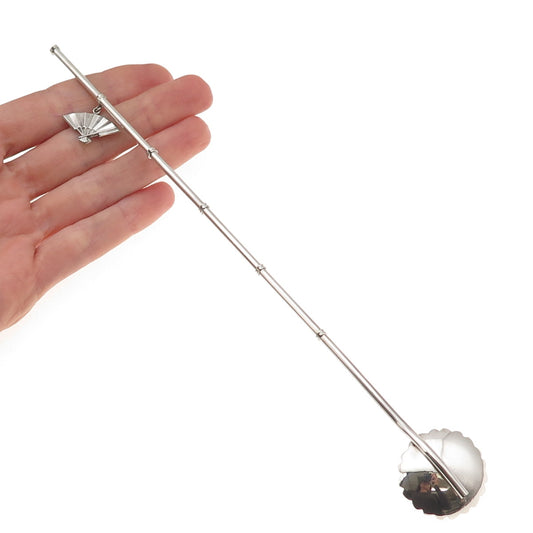 925 Sterling Silver Antique Japan Fan Charm Bamboo Iced Tea Straw Spoon
