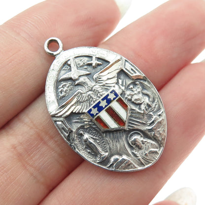 925 Sterling Silver Antique Art Deco Enamel WWII US Army Religious Pendant