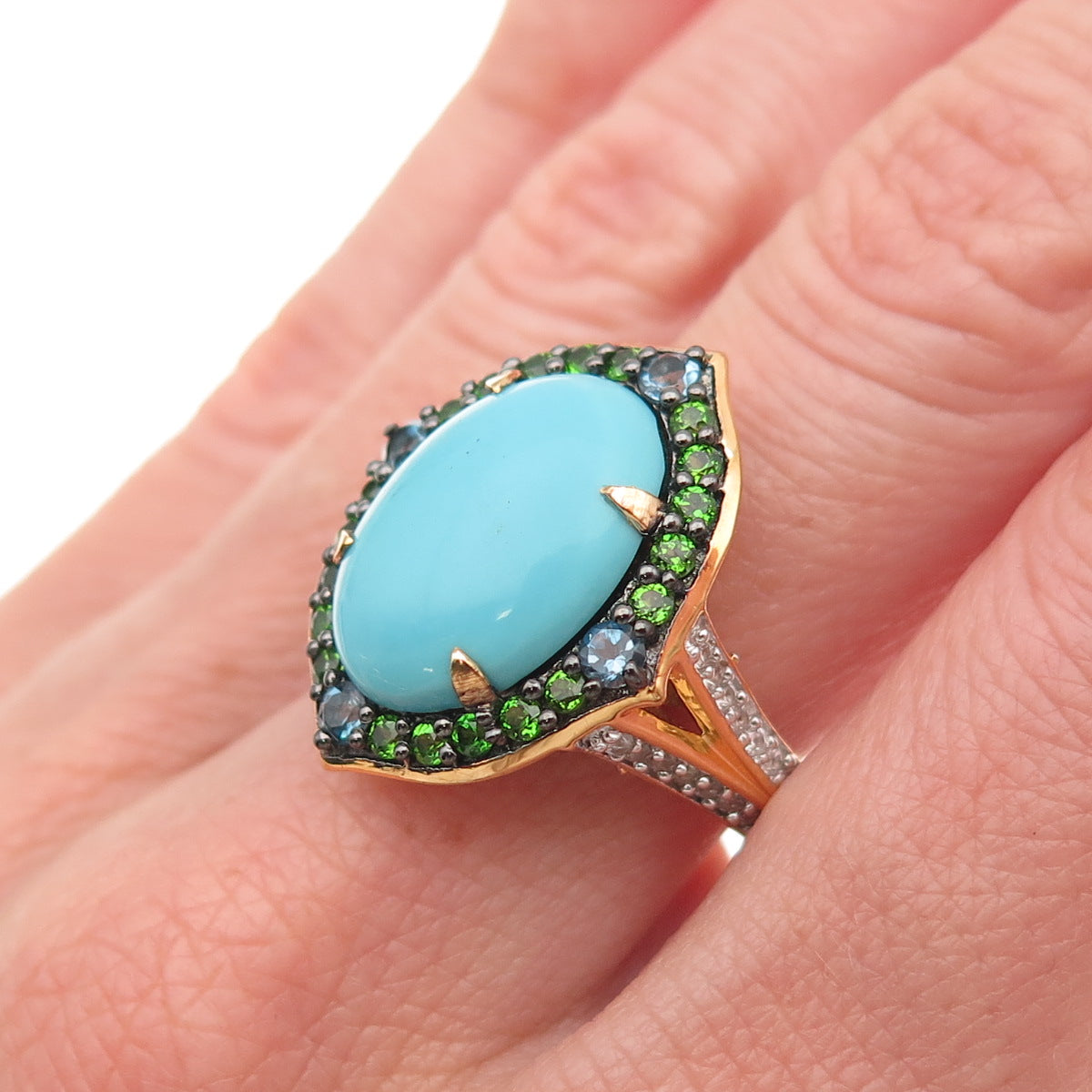 925 Sterling Gold Plated Real Turquoise Peridot Blue White Topaz Ring Size 8.25