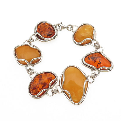 925 Sterling Silver Vintage Real Butterscotch Amber Modernist Bracelet 7.75"