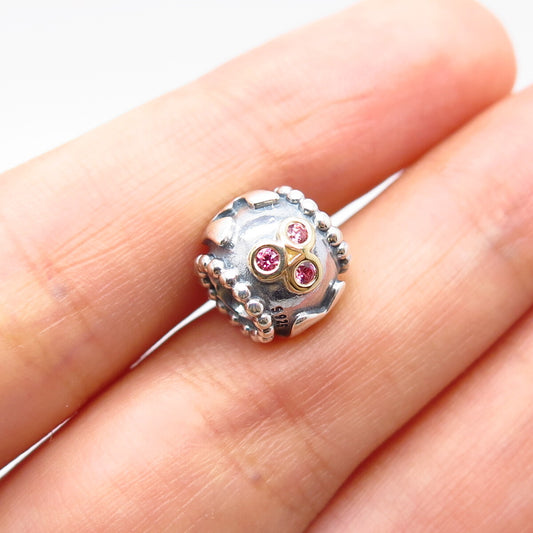 925 Sterling Silver / Gold Pandora Pink C Z "MOM" Bead Charm