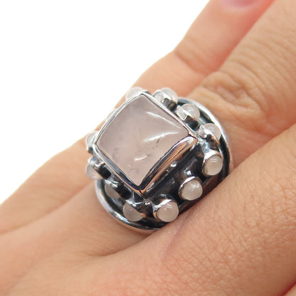 925 Sterling Silver Vintage Real Rose Quartz Modernist Oxidized Ring Size 5.75