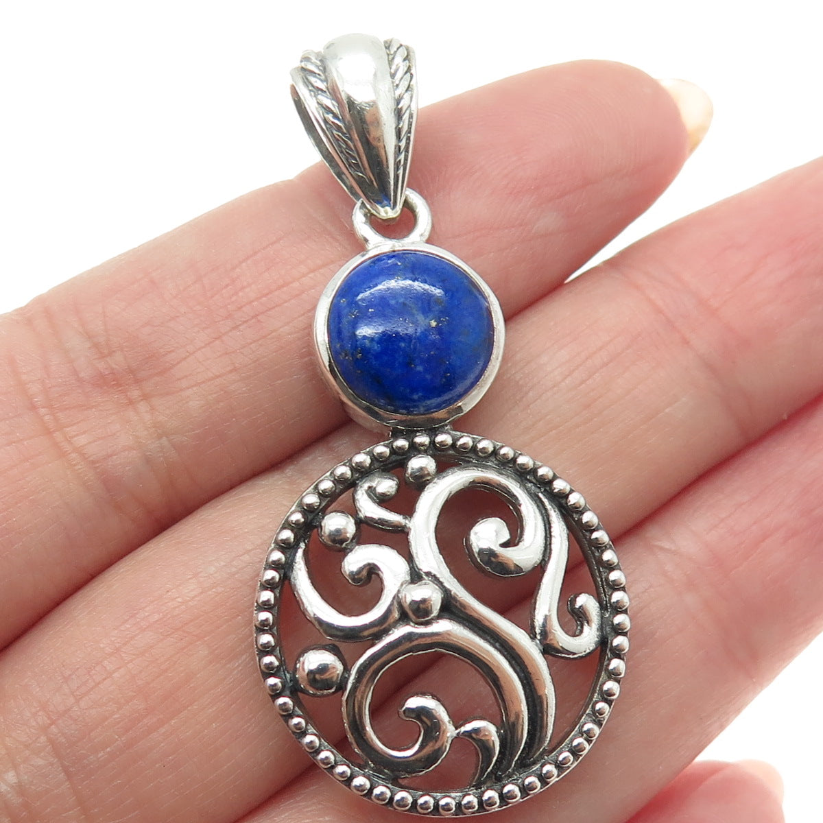 NK SILVER 925 Sterling Silver Vintage Real Lapis Lazuli Ornate Swirl Pendant