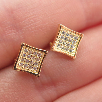 925 Sterling Silver Gold Plated Round-Cut C Z Square Stud Earrings