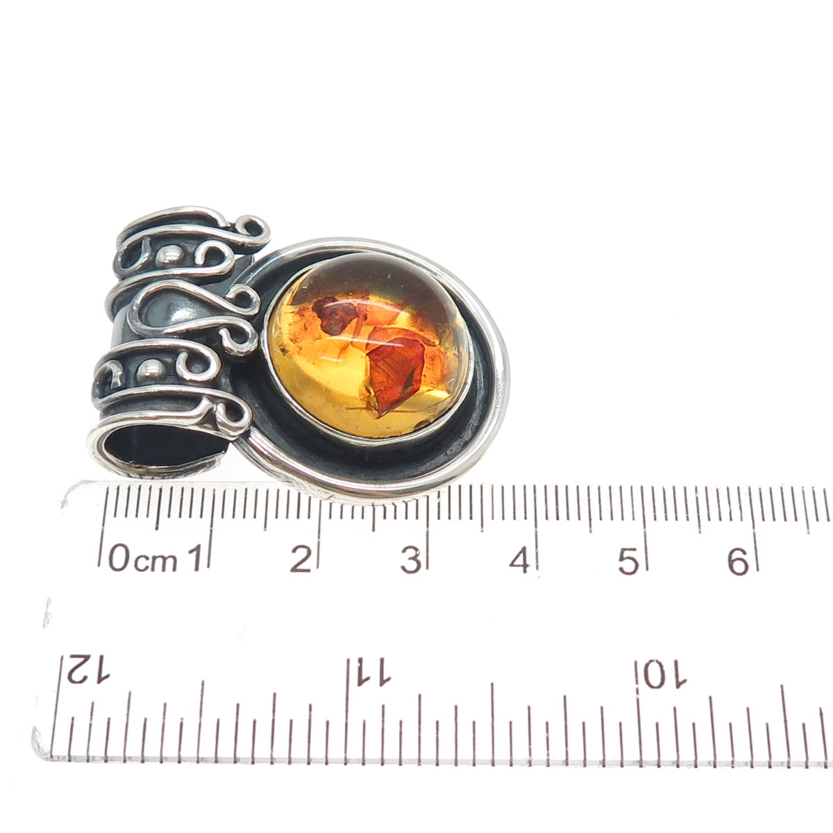 925 Sterling Silver Vintage MAC Artisan Real Amber Oxidized Slide Charm Pendant