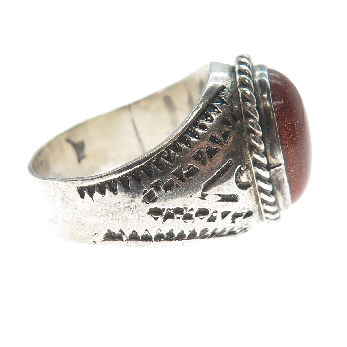 925 Sterling Silver Vintage Mexico Real Sunstone Oxidized Ring Size 12.5
