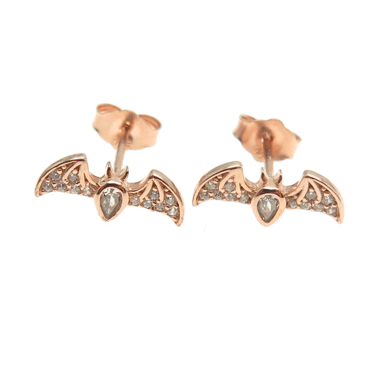 925 Sterling Silver Rose Gold Plated Round & Pear-Cut C Z Bat Stud Earrings