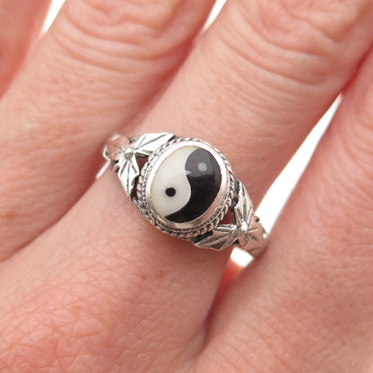 925 Sterling Silver Vintage Real Black & White Onyx Yin Yang Ring Size 9.25